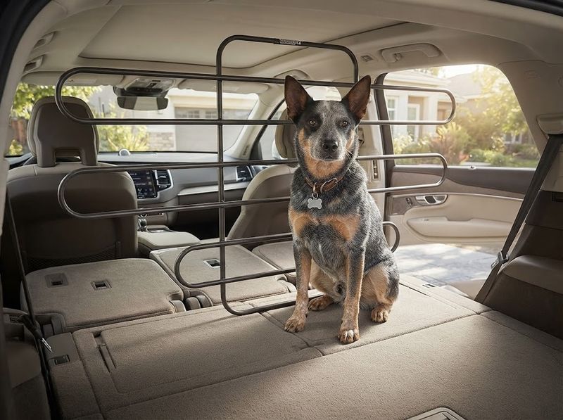 Large hound behind an upright metal barrier in a back seat